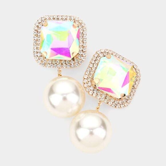 Square Aurora Borealis Stone Pearl Gold Clip on Earrings Big & BOLD - Picture 4 of 6